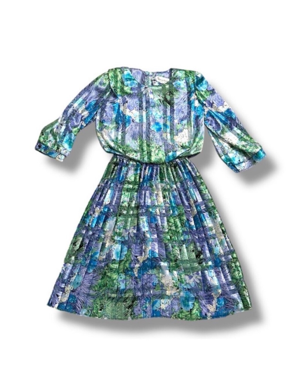 Vintage 80s Damon Satin Floral Pleated Dress Women's Size 8 Bloomcore Modest
